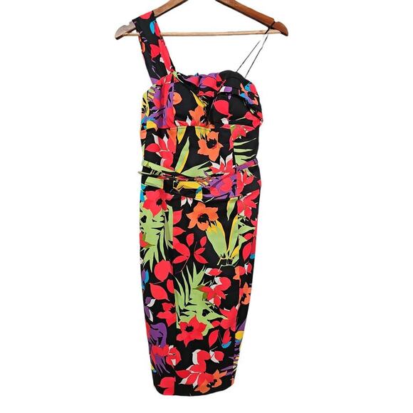 Cache One Shoulder Cocktail Dress Black Floral Size 8 - Picture 2 of 6